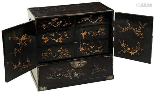 A JAPANESE LACQUER AND MOTHER OF PEARL INLAID TABLE CABINET ...