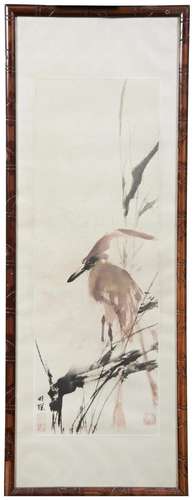 WANG CHEN (20TH CENTURY) INK PAINTING OF A RIVER BIRD STANDI...