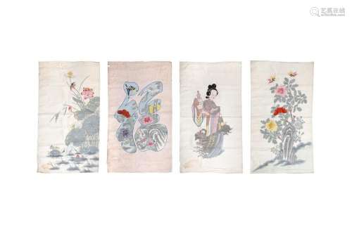 FOUR CHINESE WOVEN PANELS 二十世紀 編織花鳥及仕女圖共四件
