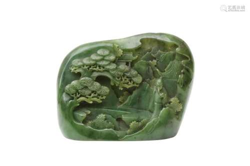 A CHINESE SPINACH-GREEN JADE 'SCHOLAR' BOULDER CARVING 二十世...