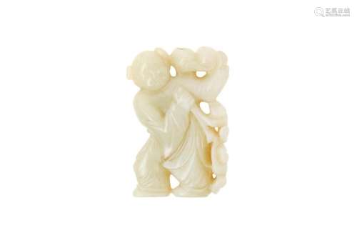 A CHINESE CELADON JADE CARVING OF A BOY HOLDING PEACHES 二十...
