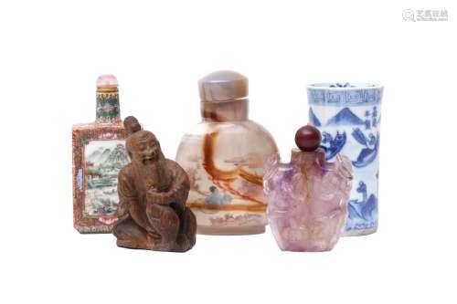 FOUR CHINESE SNUFF BOTTLES AND A MINIATURE BLUE AND WHITE VA...