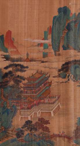 CHINESE SCROLL PAINTING OF PALACE IN MOUNTAIN SIGNED BY QIUY...