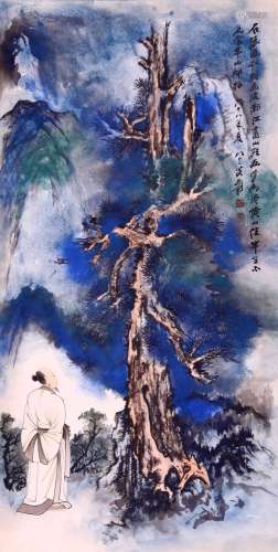 CHINESE SCROLL PAINTING OF MAN IN MOUNTAIN SIGNED BY ZHANG D...