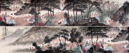 CHINESE HANDSCROLL PAINTING OF MEN GATHERING IN MOUNTAIN SIG...