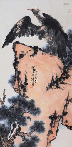 CHINESE SCROLL PAINTING OF EAGLE ON ROCK SIGNED BY PAN TIANS...