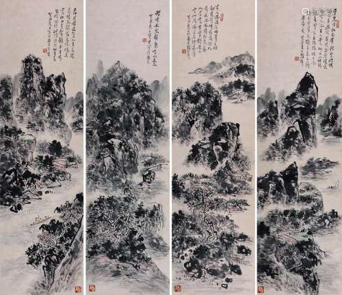 FOUR PANELS OF CHINESE SCROLL PAINTING OF MOUNTAIN VIEWS SIG...