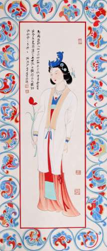 CHINESE SCROLL PAINTING OF BEAUTY WITH FLOWER SIGNED BY ZHAN...