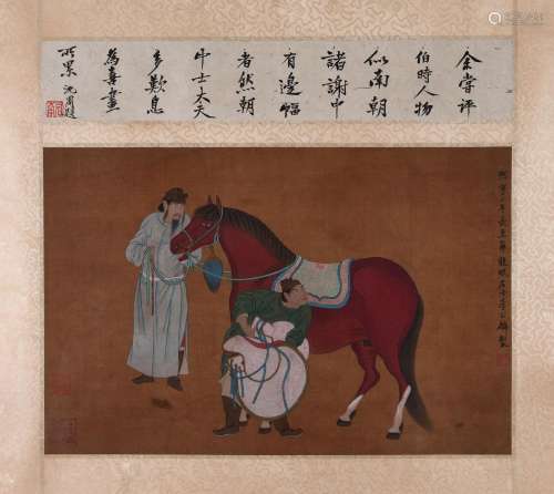 CHINESE SCROLL PAINTING OF HORSE AND MEN SIGNED BY LI GONGLI...
