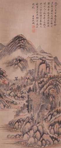CHINESE SCROLL PAINTING OF MOUNTAIN VIEWS SIGNED BY WANG SHI...