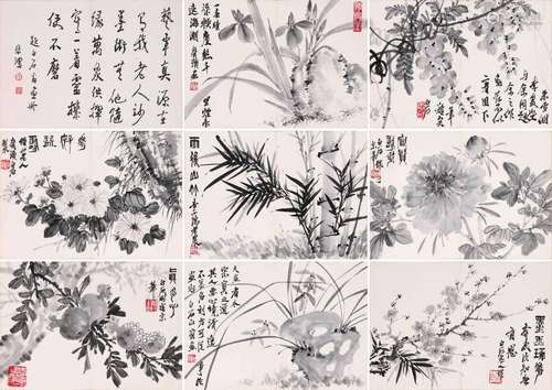 EIGHT PAGES OF CHINESE ALBUM PAINTING OF FLOWER AND ROCK SIG...