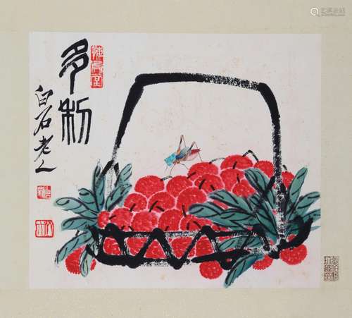 CHINESE SCROLL PAINTING OF LICHI AND INSECT IN BASKET SIGNED...