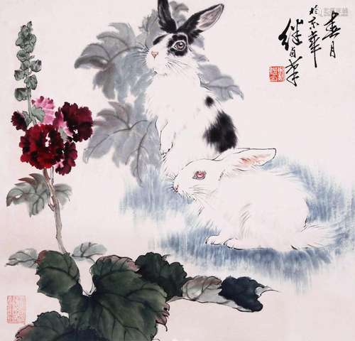 CHINESE SCROLL PAINTING OF RABBIT AND FLOWER SIGNED BY LIU J...