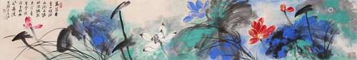 CHINESE HANDSCROLL PAINTING OF LOTUS SIGNED BY ZHANG DAQIAN