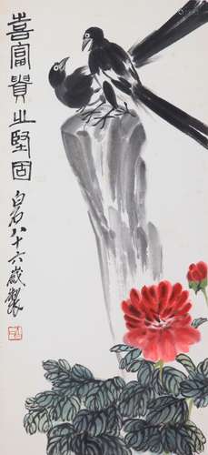 CHINESE SCROLL PAINTING OF BRIDS ON ROCK SIGNED BY QI BAISHI