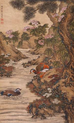 CHINESE SCROLL PAINTING OF BIRDS BY RIVER SIGNED BY JIANG TI...