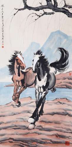 CHINESE SCROLL PAINTING OF HORSE BY RIVER SIGNED BY XU BEIHO...