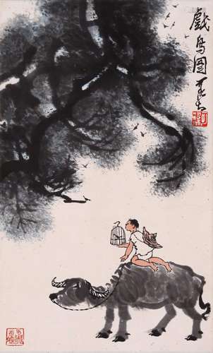 CHINESE SCROLL PAINTING OF BOY ON OX SIGNED BY LI KERAN