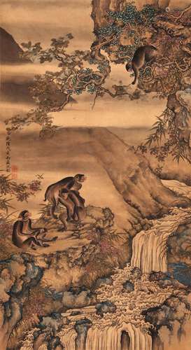 CHINESE SCROLL PAINTING OF MONKEY ON TREE SIGNED BY SHENQUAN