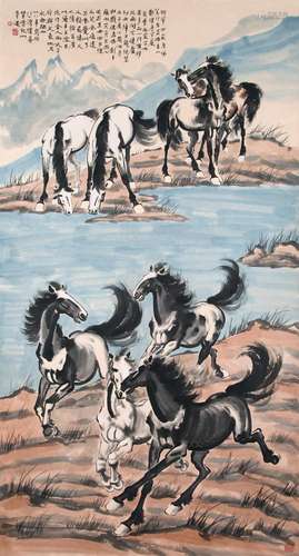 CHINESE SCROLL PAINTING OF HORSE BY RIVER SIGNED BY XU BEIHO...