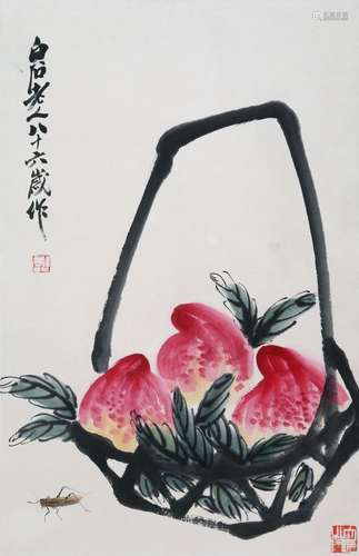 CHINESE SCROLL PAINTING OF PEACH IN BASKET SIGNED BY QI BAIS...