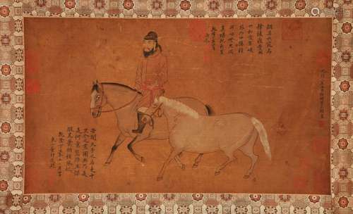 CHINESE SCROLL PAINTING OF MAN ON HORSE SIGNED BY LI GONGLIN