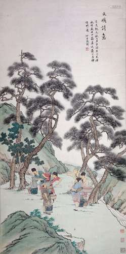 CHINESE SCROLL PAINTING OF MEN IN WOOD SIGNED BY GAIQI