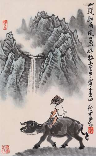 CHINESE SCROLL PAINTING OF BOY ON OX SIGNED BY LI KERAN