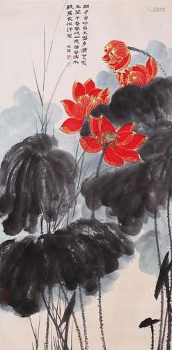 CHINESE SCROLL PAINTING OF LOTUS SIGNED BY ZHANG DAQIAN