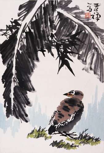 CHINESE SCROLL PAINTING OF BIRD UNDER LEAF SIGNED BY LI KUCH...