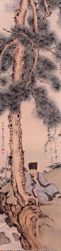 CHINESE SCROLL PAINTING OF MEN UNDER PINE SIGNED BY CHEN SHA...