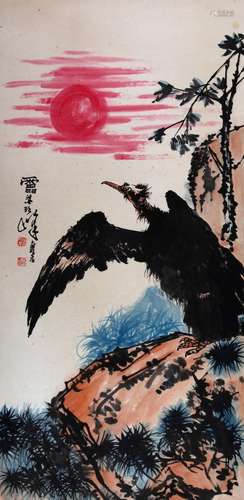 CHINESE SCROLL PAINTING OF EAGLE ON ROCK SIGNED BY PAN TIANS...