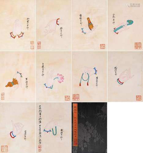 TEN PAGES OF CHINESE ALBUM PAINTING OF BUDDAHIST LOTUS SIGNE...