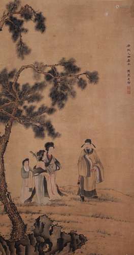 CHINESE SCROLL PAINTING OF PEOPLE UNDER PINE SIGNED BY JIAO ...