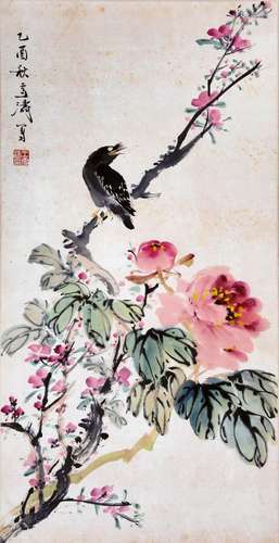 CHINESE SCROLL PAINTING OF BIRD AND FLOWER SIGNED BY WANG XU...