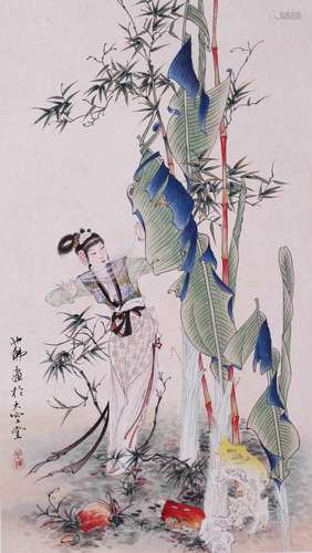 CHINESE SCROLL PAINTING OF BEAUTY IN GARDEN SIGNED BY HU YEF...