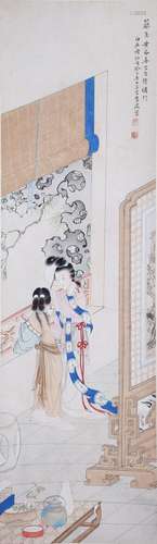 CHINESE SCROLL PAINTING OF BEAUTY IN HALL SIGNED BY FEI DANX...