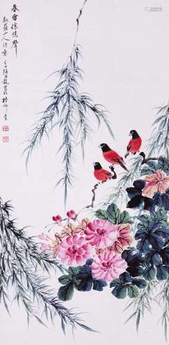 CHINESE SCROLL PAINTING OF BIRD AND FLOWER SIGNED BY YAN BOL...