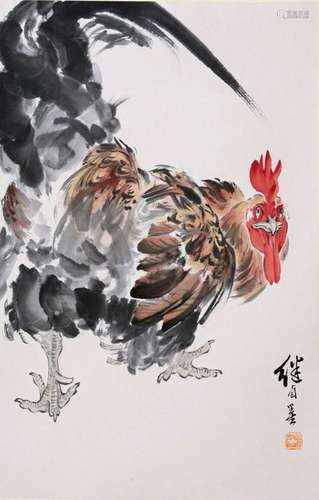 CHINESE SCROLL PAINTING OF ROOSTER SIGNED BY LIU JIYOU