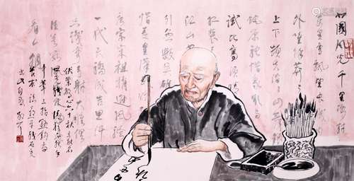 CHINESE SCROLL PAINTING OF MEN WRITING SIGNED BY LIN SANZHI