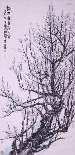 CHINESE SCROLL PAINTING OF PLUM BLOSSOMMINGS SIGNED BY LAI S...