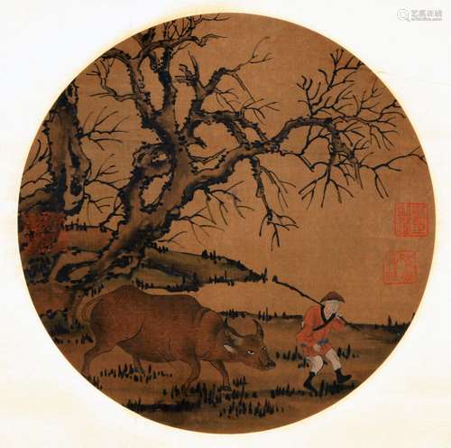 CHINESE ROUND FAN PAINTING OF MAN UNDER TREE UNSIGNED