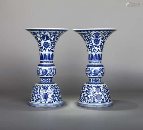 PAIR OF CHINESE PORCELAIN BLUE AND WHITE FLOWER GU VASE