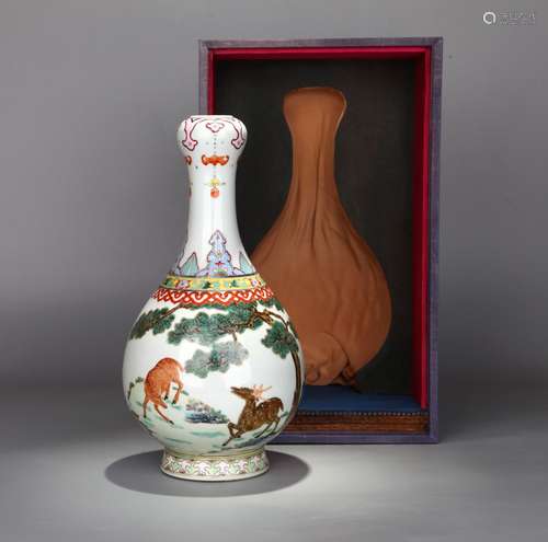 CHINESE PORCELAIN FAMILLE ROSE DEER UNDER PINE VASE