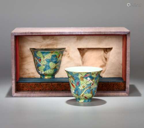 PAIR OF CHINESE PORCELAIN FAMILLE ROSE SILKWORM AND LEAF CUP...