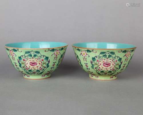 PAIR OF CHINESE PORCELAIN GREEN GROUND FAMILLE ROSE FLOWER B...