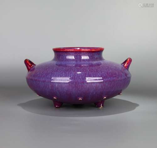 CHINESE PORCELAIN JUN WARE RED GLAZE TRIPLE FEET HANDLE WATE...