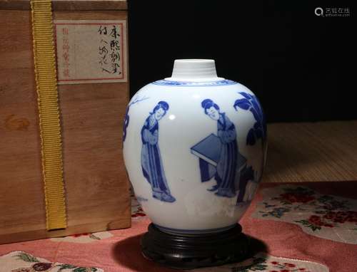 CHINESE PORCELAIN BLUE AND WHITE BEAUTIES WATER POT