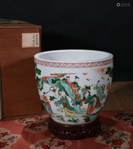 CHINESE PORCELAIN WUCAI MEN IN WOOD SCHOLAR TABLE BOWL