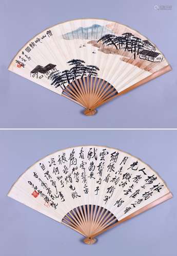 CHINESE FAN PAINTING OF LANDSCAPE WITH CALLIGRAPHY SIGNED BY...